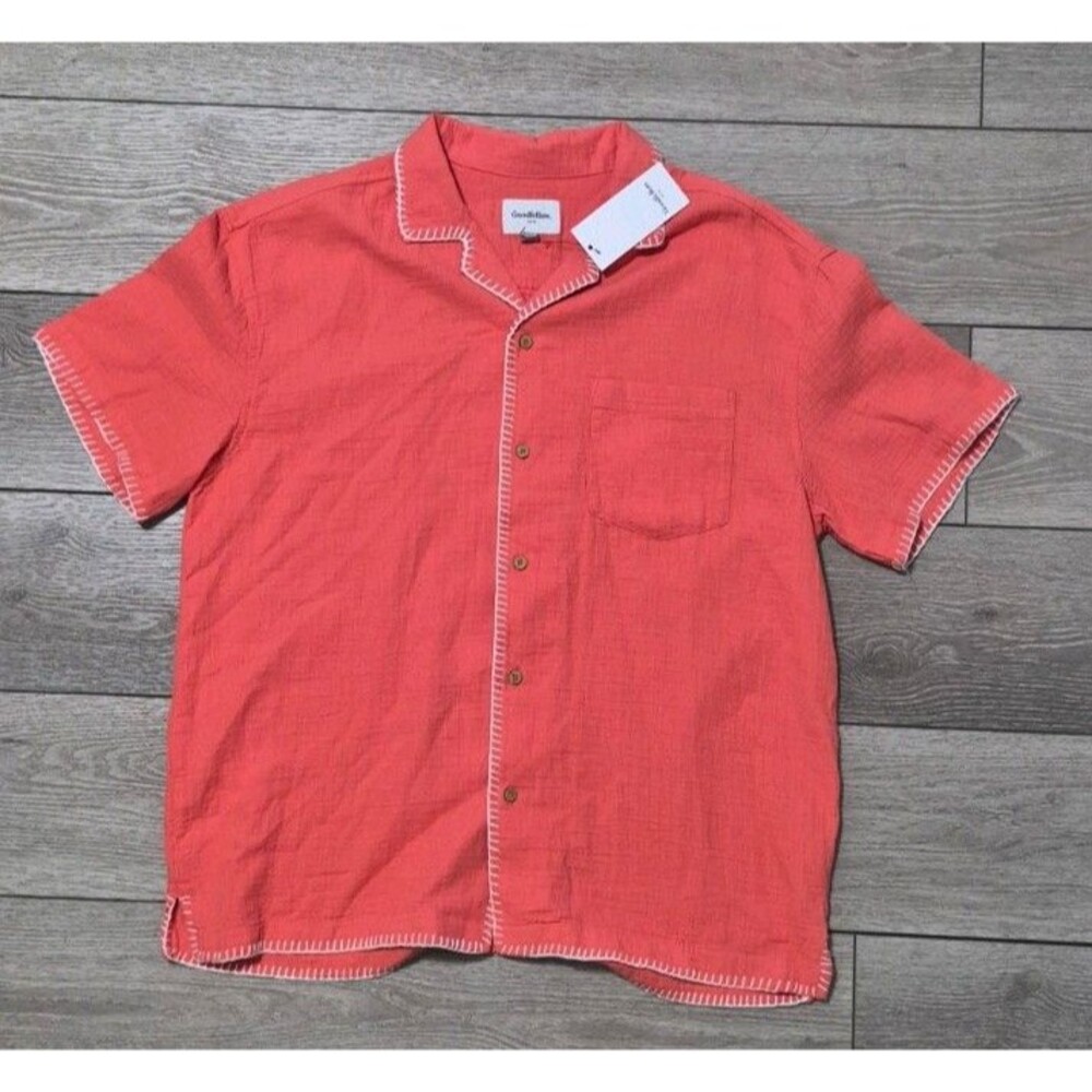 Men's Short Sleeve Coral Button-Down Camp Shirt - Goodfellow & Co Size Large